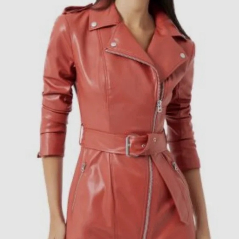 French Connection Red Faux Leather Belted Mini Dress.